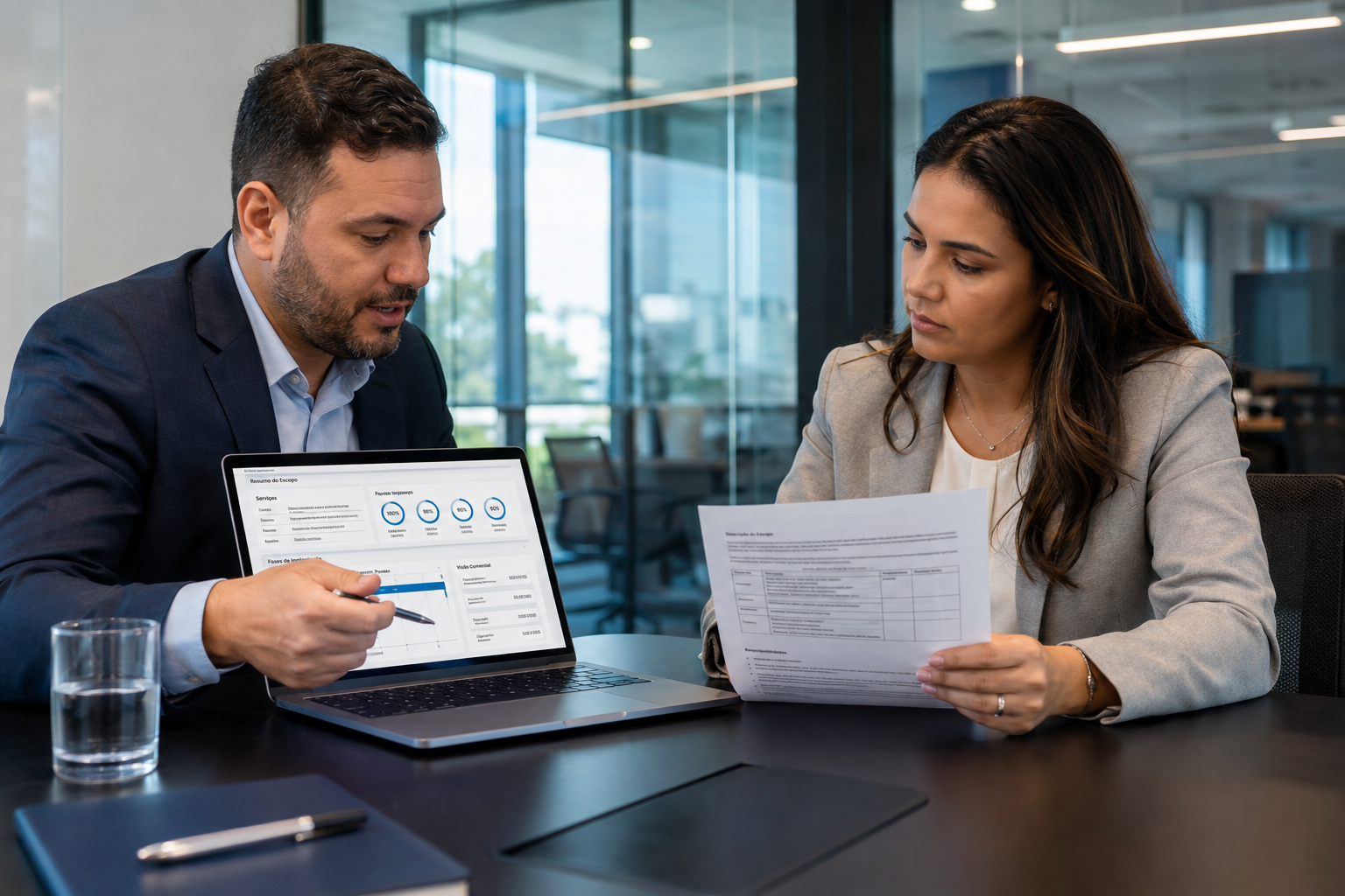 Advogados analisando contratos com suporte de TI de alta performance